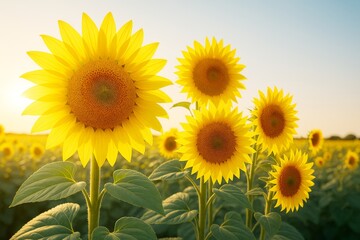 Fototapeta premium Bright sunflowers glowing under warm sunlight in a vast sunny field, showcasing vibrant plant life with a natural background and radiant light.