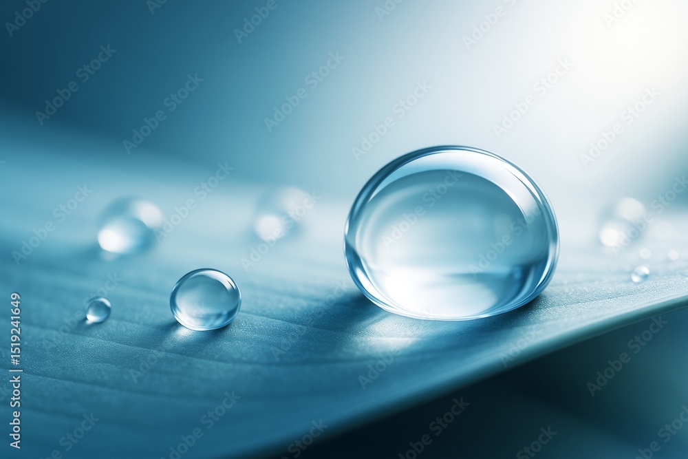 Poster Close-up of water droplets on a blue leaf with soft light reflections and smooth background in minimal abstract botanical style.
