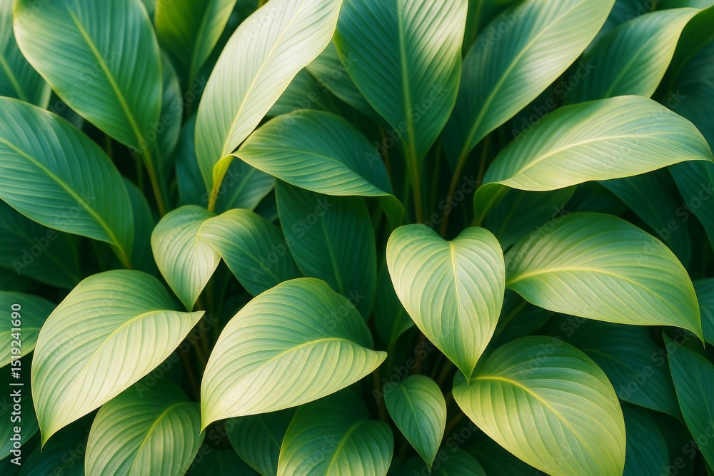Poster large green leaves of a tropical plant with soft light and shadows creating a calming natural backgr