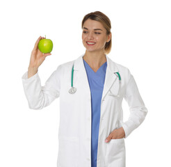 Nutritionist with green apple and stethoscope on white background