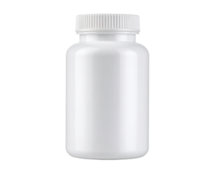 A white plastic bottle with a screw cap, typically used for storing pills, capsules, or supplements.