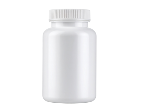 A white plastic bottle with a screw cap, typically used for storing pills, capsules, or supplements.