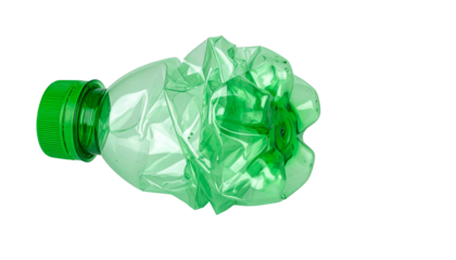 Crushed green plastic bottle with cap.