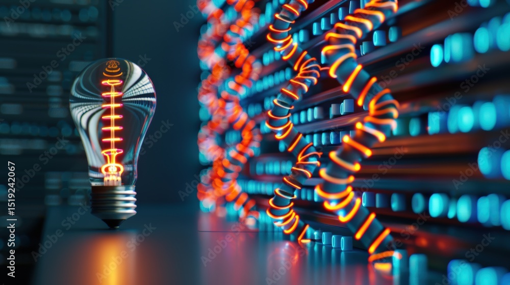 Poster illuminating technology light bulb and circuit design digital environment futuristic concept close-u