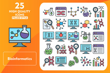 Bioinformatics Line Filled Icon Set. Incleded Icons Biotechnology, Website, Molecular, Bioengineering, Analytics, Data analytics, Enzyme, Monitoring. Vector Icons Collection
