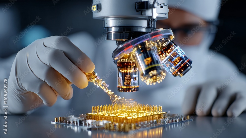 Poster semiconductor engineer wearing white cleanroom suit inspecting microchip under digital microscope wi