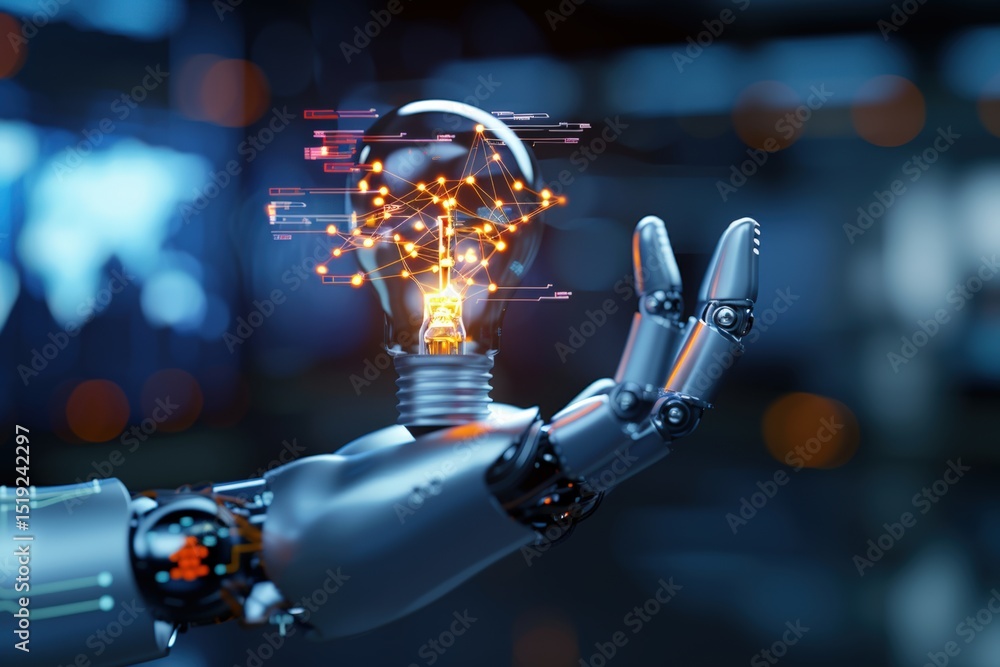Poster innovative technology showcase robotic hand with lightbulb concept modern laboratory digital art fut