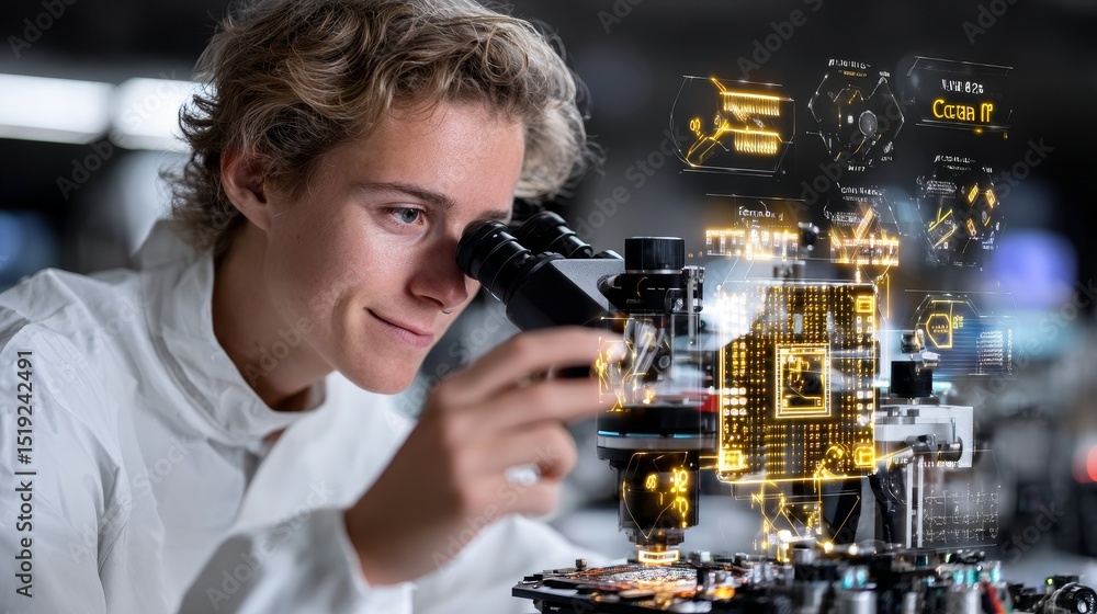 Aufkleber semiconductor engineer wearing white cleanroom suit inspecting microchip under digital microscope wi