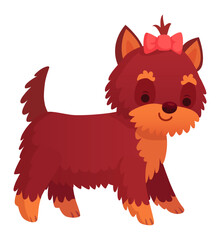 Adorable Yorkshire Terrier puppy walking happily with a stylish pink bow, showcasing its fluffy fur and charming personality, perfect for pet lovers and children illustrations