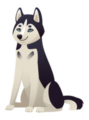 Cartoon husky dog with striking blue eyes and a beautiful black and white fur coat, sitting attentively and gazing forward against a clean white background