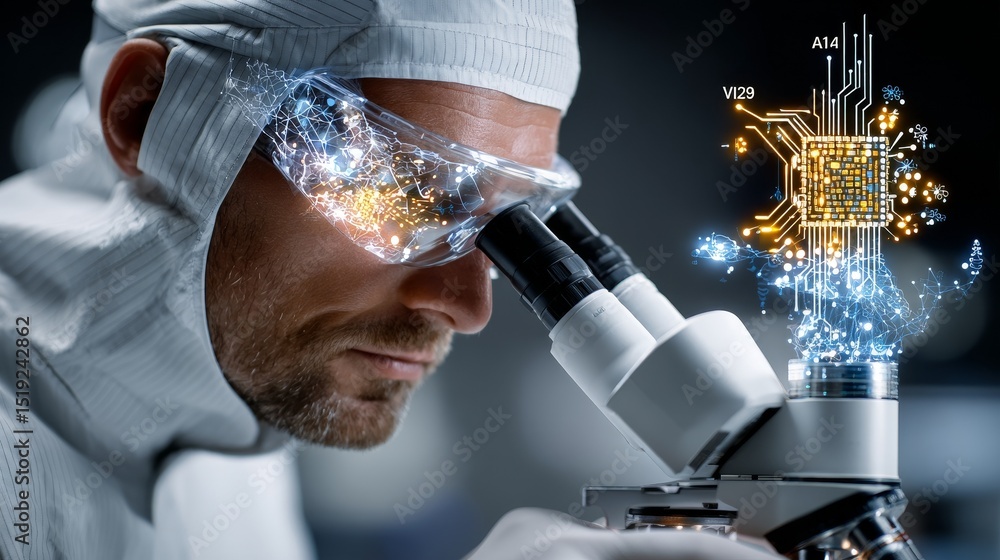 Poster semiconductor engineer wearing white cleanroom suit inspecting microchip under digital microscope wi