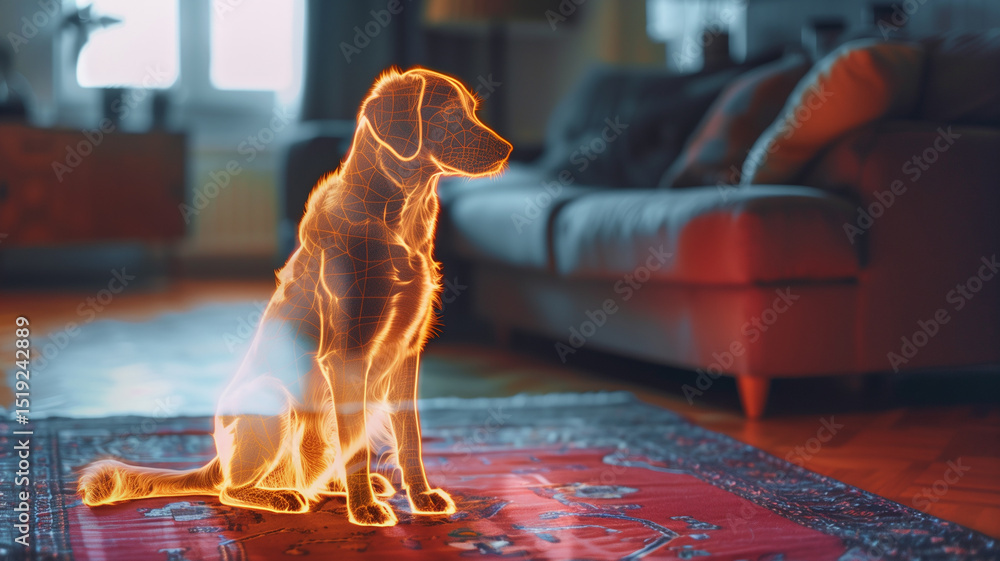 Poster This digital dog projection glows softly and floats beside a couch in an ambient room.