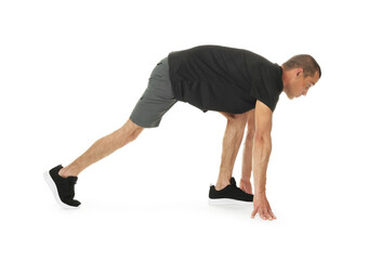 Runner in starting position on white background