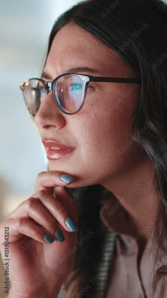 Poster woman, typing and thinking at startup, night and admin with perspective for project at media company