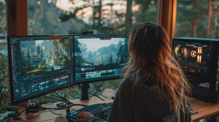 Professional gamer with dual monitors and streaming overlay