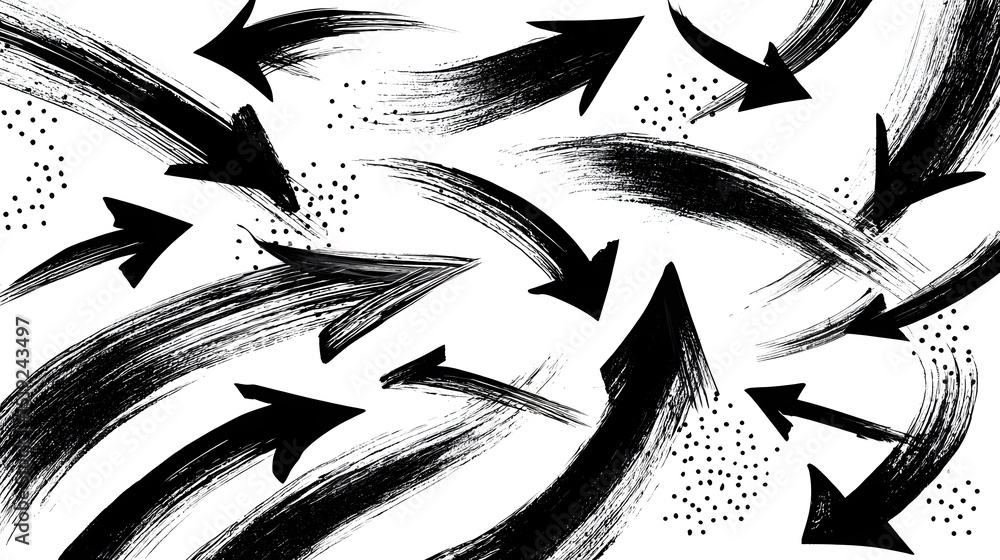 Poster Bold expressive black arrows and flowing sketch like lines create a dynamic kinetic composition evoking a sense of energy direction and momentum on a contrasting white background
