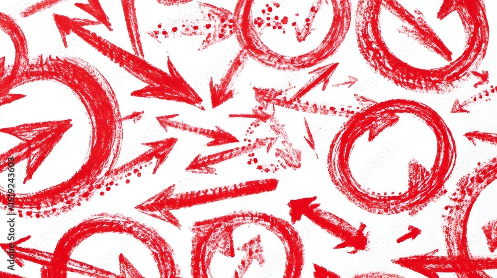 Poster A dynamic and captivating pattern of energetic red sketch arrows swirling in chaotic circular loops creating a playful and expressive hand drawn design