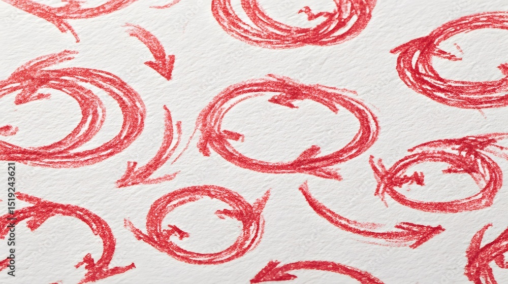 Poster A dynamic and energetic pattern of red hand drawn sketch arrows looping and swirling in a chaotic yet playful arrangement
