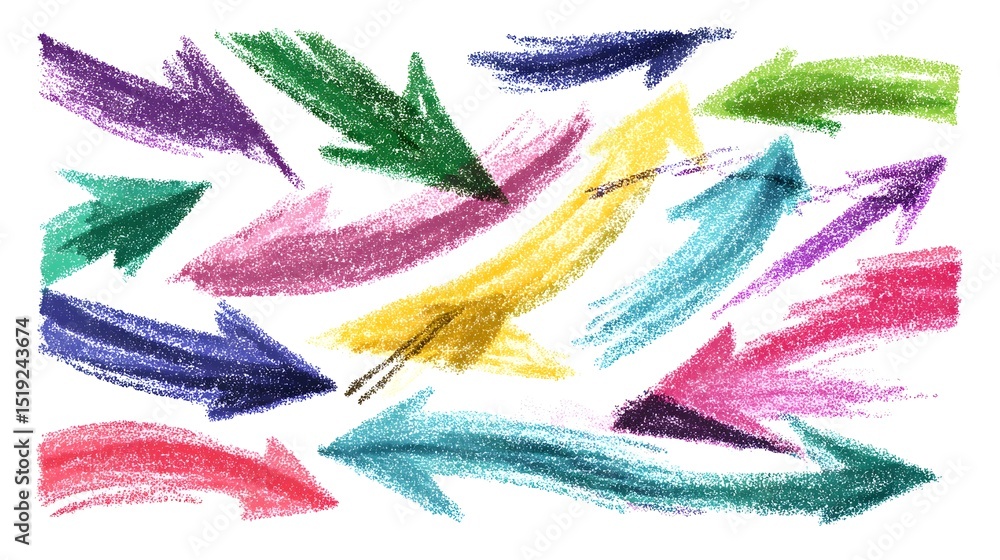 Poster Vibrant abstract composition of multicolored curved arrows created with expressive marker strokes conveying a sense of dynamic movement and creative direction