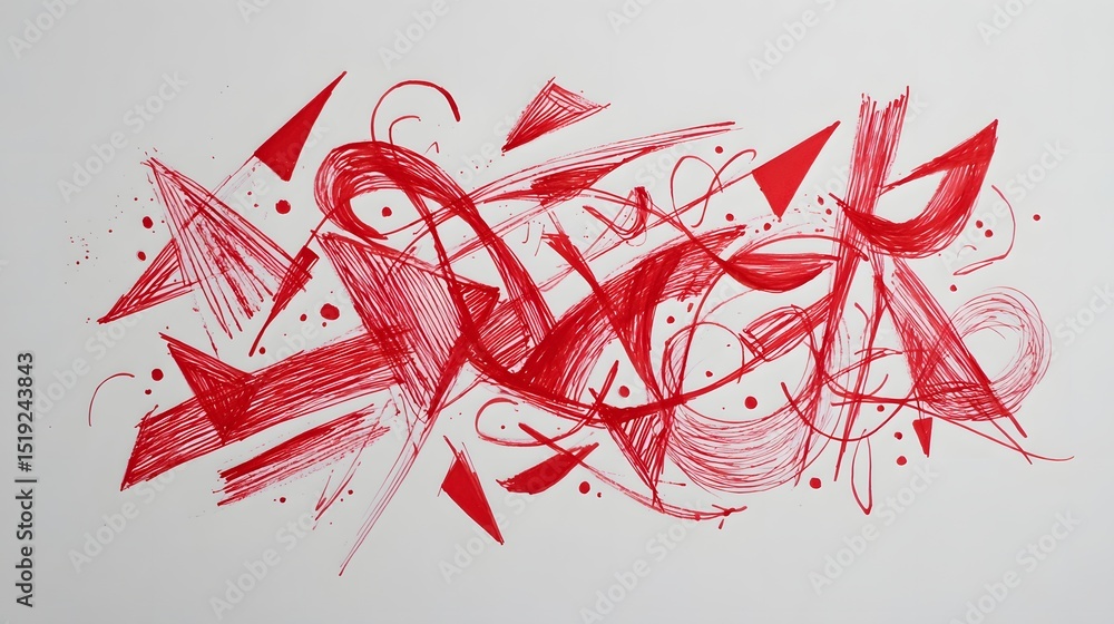 Poster Vibrant abstract composition featuring dynamic red marker scribbles curving lines and freeform shapes in a fast gestural drawing style on a white background