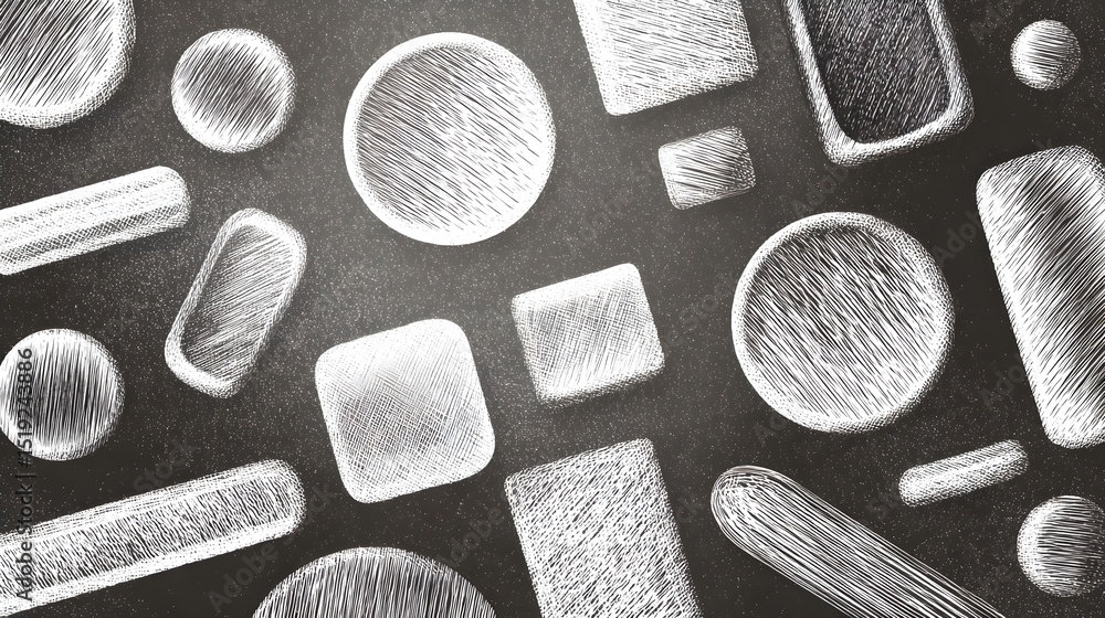 Poster Minimalist abstract composition featuring metallic like shapes including circles ovals and rectangles with a sketch like hatching effect in shades of gray and white