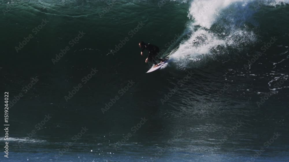 Poster surfer emerges from barrel under overcast light as wave closes with frothy crash