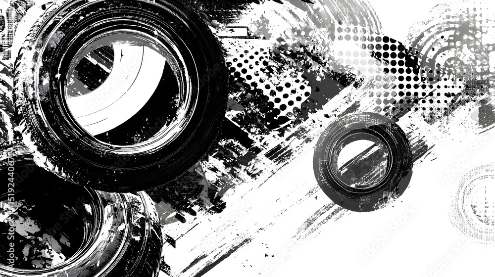Fototapete Monochrome abstract image featuring a dynamic and textured composition of tire tread patterns grunge halftone streaks and distorted graphic elements