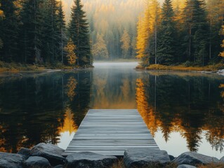 Tranquil lake surrounded by forest with wooden dock reflecting in water at sunrise in Karelia, Russia

