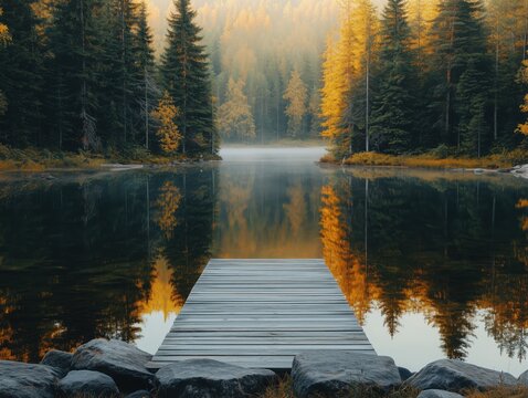 Tranquil lake surrounded by forest with wooden dock reflecting in water at sunrise in Karelia, Russia


