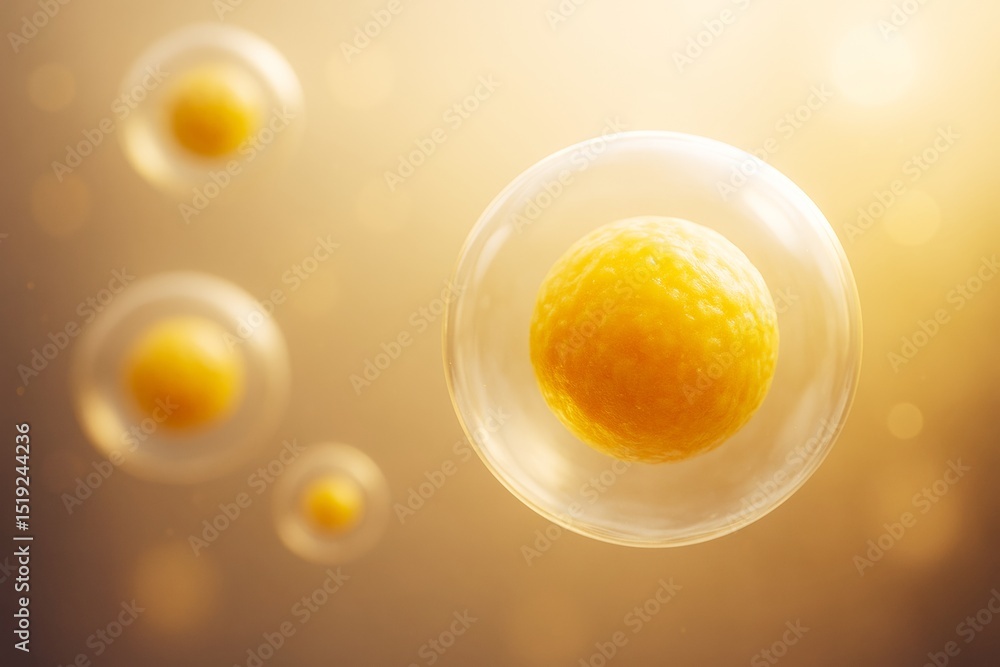 Poster Abstract biological cells with yellow cores floating in soft light background symbolizing scientific research and innovation in microbiology.