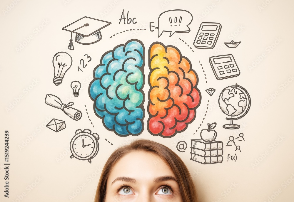 Poster human brain with colorful hemispheres surrounded by education and science doodles on light backgroun