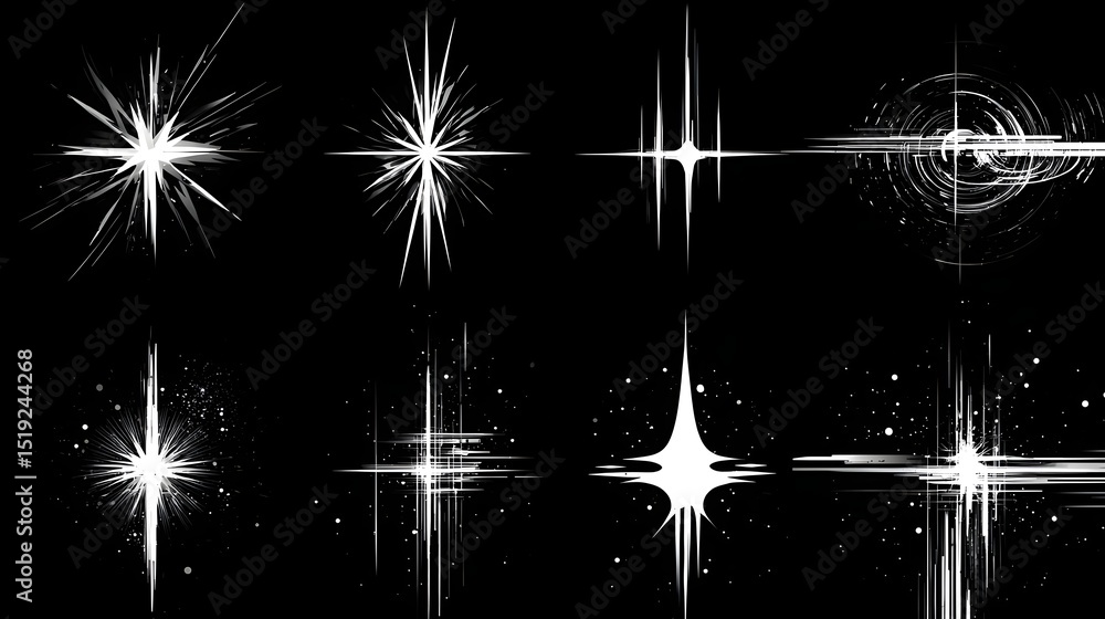 Poster Monochrome cosmic sparkle elements spiky digital stars and dynamic distortion marks create a futuristic visually striking branding asset