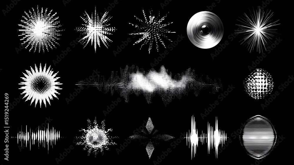 Aufkleber Monochrome cosmic sparkle elements including spiky digital stars and dynamic distortion marks creating a futuristic and visually striking branding asset