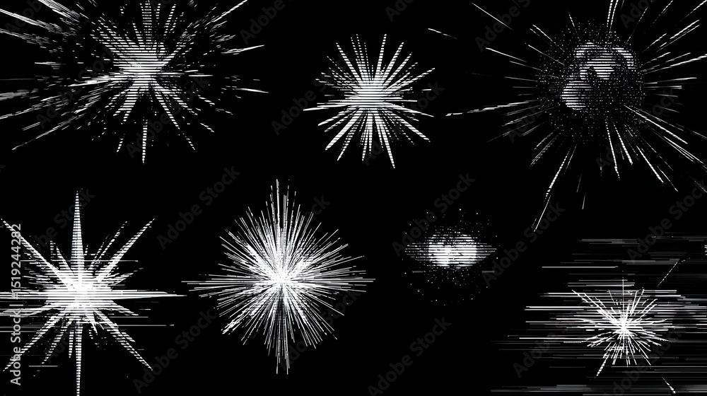 Poster abstract monochrome image featuring a dazzling display of cosmic digital stars and dynamic distortio