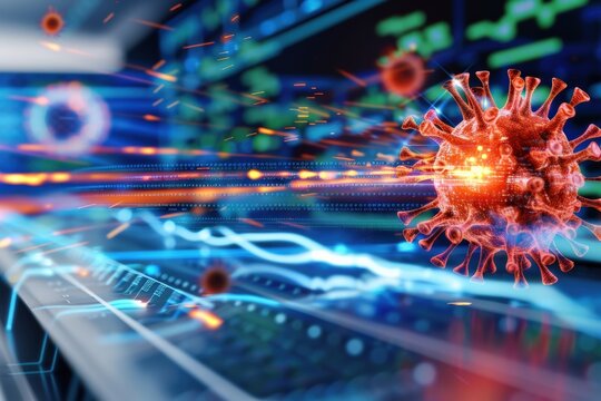 Covid-19 virus impact digital workspace infographic virtual environment macro view healthcare awareness