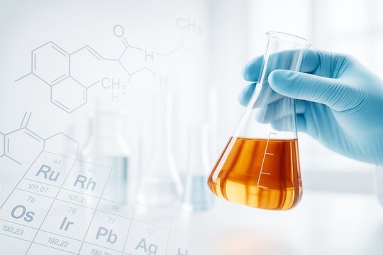 Scientist hand holding flask with orange liquid in laboratory with chemical formulas and periodic table in light science background. Ai generative.