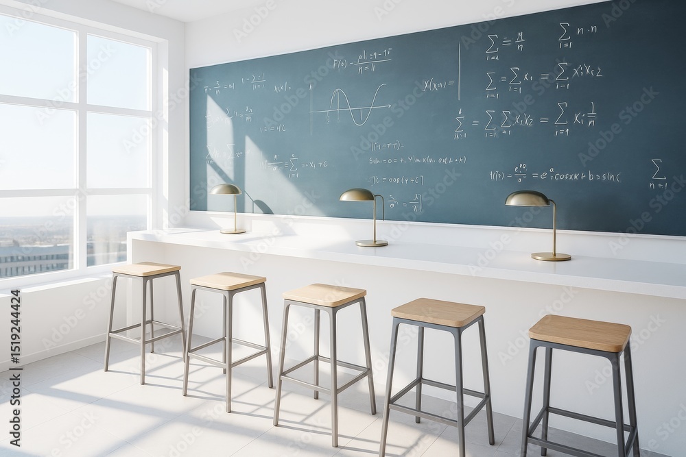 Poster Modern classroom with stools and chalkboard filled with math equations in sunlit interior, blending science and minimalist design background concept.