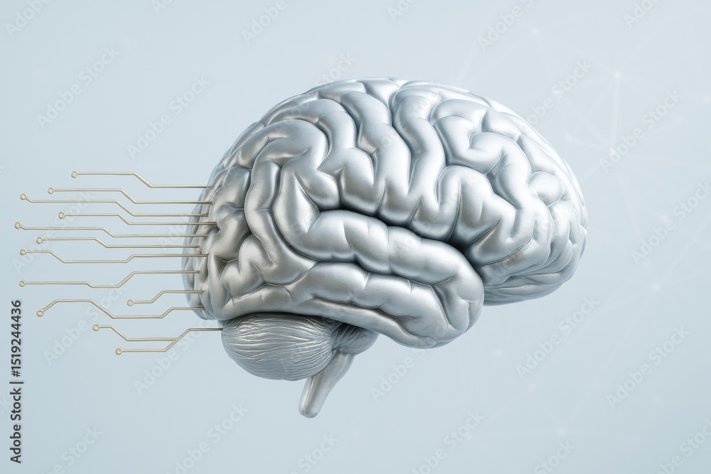 Aufkleber Futuristic silver brain with circuit lines on light background symbolizing artificial intelligence and digital neuroscience concept.