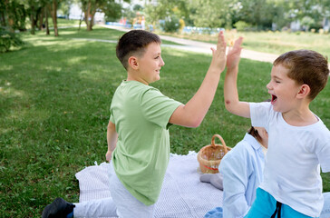 Two cheerful boys, enthusiastically high-fiving, capture a moment of joy during a picnic in a lush...