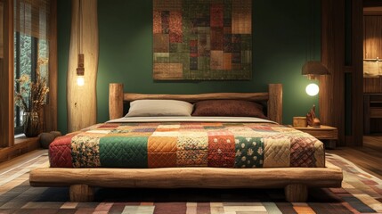 A rustic bed with a wooden frame and quilted patchwork blanket placed