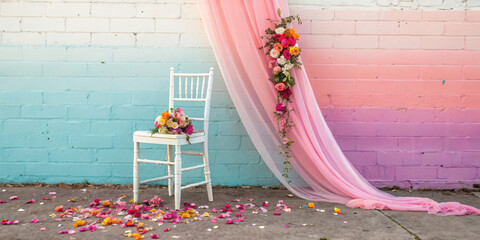 Wedding chair decor ideas with pink and orange flowers and backdrop for ceremony and reception design