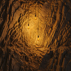 Dark Stone Wall with Edison lamp Lighting 3D Rendering