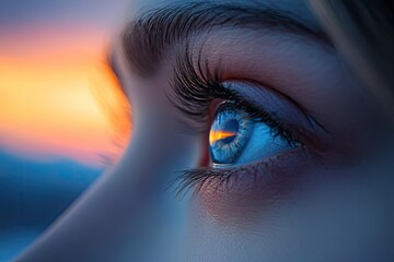 Extreme close-up of eyes, mirroring a peaceful sunrise over the mountains,