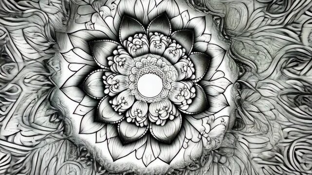 Detailed black and white mandala floral illustration with flower elements and geometric shapes on white background.