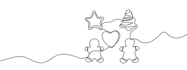 Continuous line, various Gingerbread man, cookies Line Art Vector Transparent Background Edit Stroke.