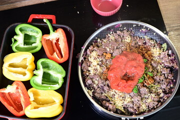Meat cooking in a frying pan. A vibrant and appetizing dish prepared with fresh ingredients, ideal for themes like home cooking, healthy meals, or international cuisine.