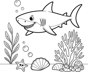 Happy shark coloring page ocean scene sea life