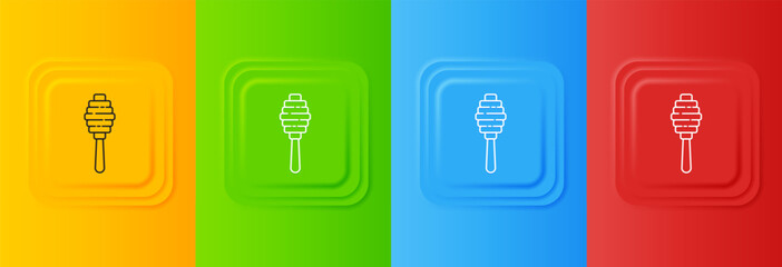 White Honey dipper stick icon isolated on colorful background. Honey ladle. Set icons in square buttons. Vector