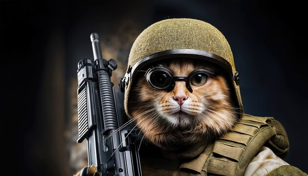 Cat Soldier in Military Gear with Gun and Goggles Stealthy Feline Guardian Amidst Industrial Grunge in a PostApocalyptic Cityscape, Evoking a Blend of Dramatic Mystery and Futuristic Allure.