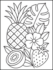 Summer Coloring Page for Kids and Adults. Printable Line Art with Butterfly, fruits for Fun and Learning for children. Stress Relief and Relaxation Coloring Pages for Adults.